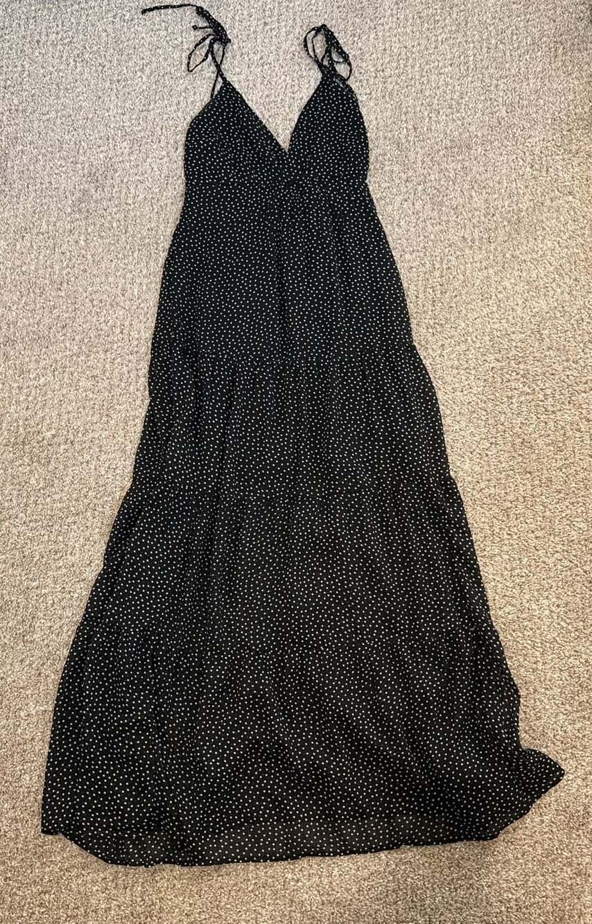 Abercrombie & Fitch Black Polka Dot Tie-Strap Smocked Back Midi Dress XXS